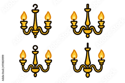 Chandelier icon set. Classic vintage candelabra with burning candles. Symbol of luxury, elegance and home decor. Vector cartoon illustration for logo, web, graphic design.