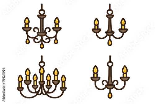 Vintage chandelier vector icon set. Ornate classic ceiling lamp illustrations with candles. Retro light fixture symbol collection for home decor, interior design concept.