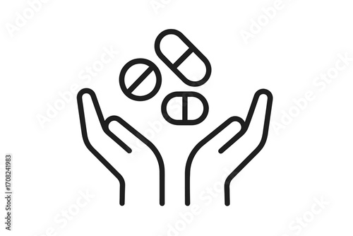 Medical icon of hands holding pills. Health care, medicine, and pharmacy concept. Taking medication, vitamins, or supplements. Metaphor for treatment, dosage, and prescription drugs.