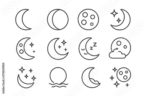 Moon phases and night sky line icon set. Vector collection of celestial symbols like crescent, full moon, stars. Editable stroke outline icons for astrology, sleep, weather.