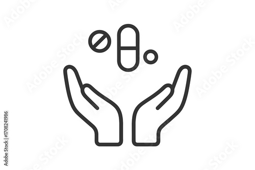 Medical care icon with hands holding pills, tablet, and capsule. Thin line vector for healthcare, pharmacy, treatment, prescription drugs, vitamins, supplements, and dosage.
