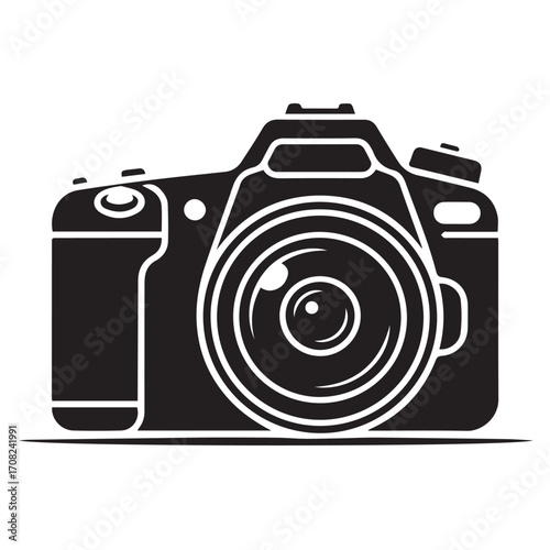 Technology background illustration of black and white silhouette of a modern dslr camera with a lens, isolated on white background
