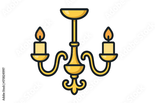 Golden chandelier with burning candles icon. Classic vintage candelabrum. Luxury antique lamp for interior decor. Vector illustration for elegant home design concept.