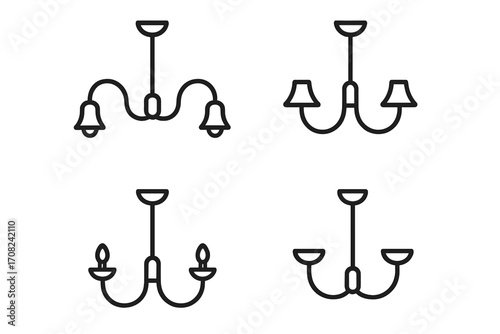 Chandelier icon set. Minimalistic thin line art vector of ceiling lamps. Home decor and interior design lighting elements. Classic and modern light fixture outline symbols.