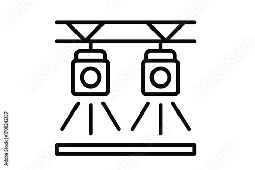 Stage lights vector icon. Spotlights on a theater rig for a concert, show, or performance. Entertainment equipment concept with light beams. Isolated black line art design.