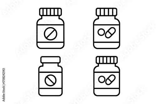 Pill bottle thin line icon set. Medicine, pharmacy, drug container symbol. Vector art for healthcare, supplements, vitamins. Prescription medication and prohibited substance concept.