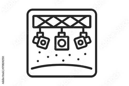 Stage lighting rig with spotlights on a truss. Vector line icon for concert, show, event, or theater performance. Professional illumination equipment for entertainment.