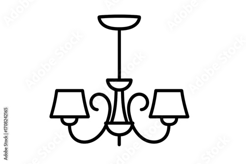 Chandelier line art icon for interior design. Elegant ceiling lamp or lustre for home decor. Classic lighting fixture symbol. Vector illustration of a modern hanging light.