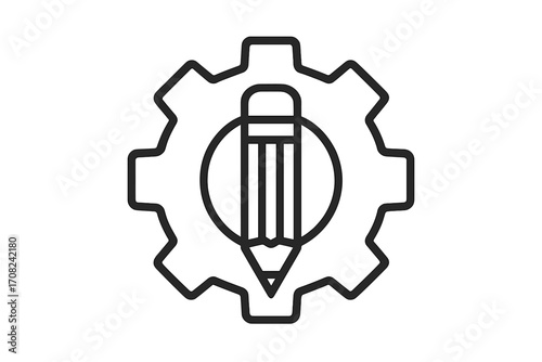 Pencil in gear icon for creative process and development. Customization, settings, configuration symbol. Design, engineering, prototyping, and technical drawing concept.
