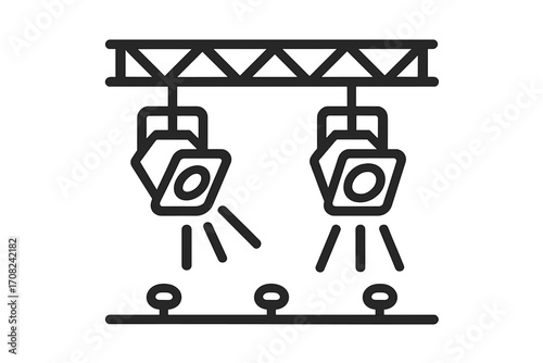 Stage lighting rig with spotlights. Vector icon for concert, theater show, or performance. Professional event illumination equipment. Studio floodlight projecting beams.