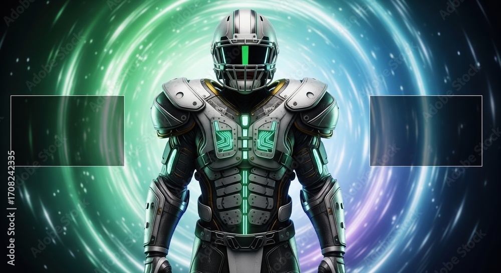 Fototapeta premium Futuristic Armored Football Player with Glowing Green Visor on Energetic Cosmic Background