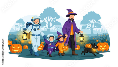 Halloween Adventure: A whimsical illustration of a family, dressed in creative costumes, happily navigating a field of glowing jack-o'-lanterns on a spirited Halloween evening.