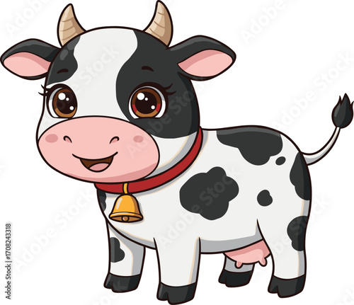 Cute Holstein cow, black and white spotted coat, red collar with golden bell, friendly farm animal illustration, children’s design concept, CAD drawing flat vector illustration