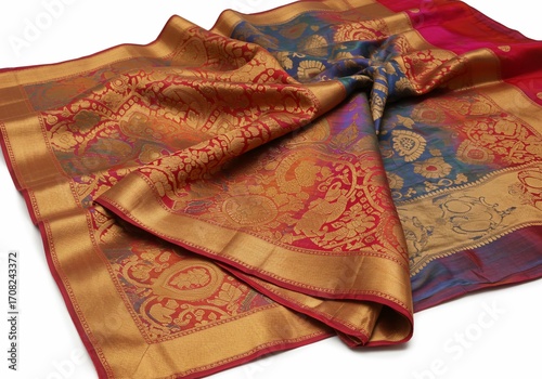 Intricate Colorful Indian Silk Saree with Gold Brocade