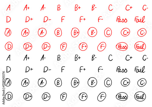 all educational grades from A to F hand written with paintbrush, vector illustration or transparent PNG of exams grades in black and red 