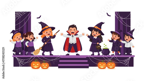 Halloween Theater: Children in costumes, a stage, pumpkins and witch hats create a Halloween theatre of frights