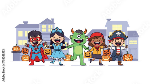 Halloween Costume Parade: A vibrant illustration of children in playful costumes, exuding joy as they embark on their trick-or-treating adventure, embodying the spirit of Halloween.