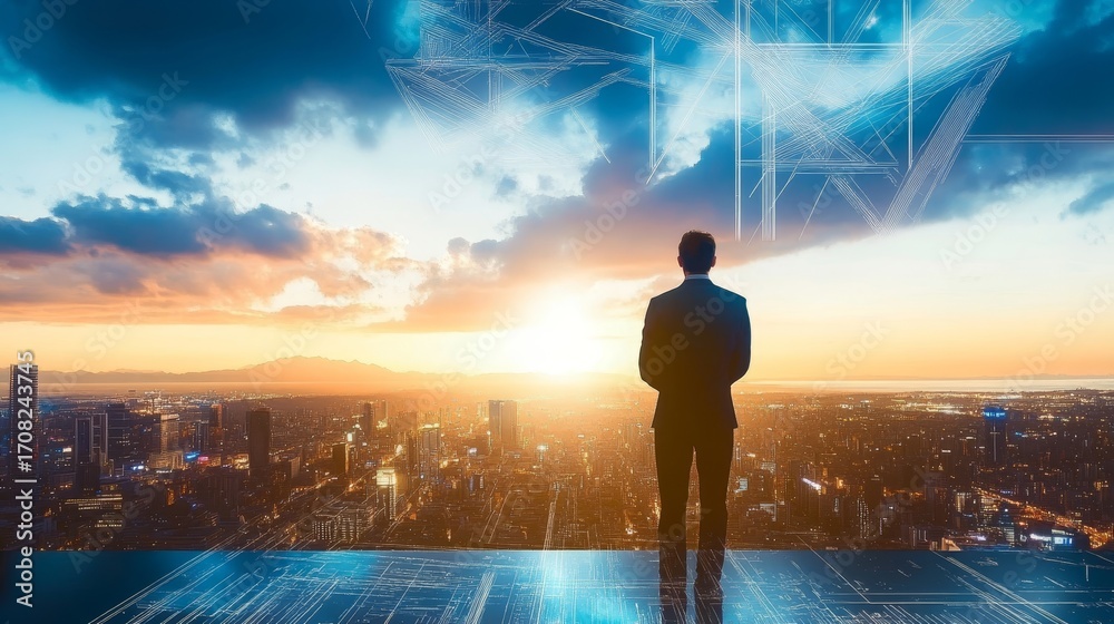 Obraz premium Businessman Contemplating Future Opportunities at Sunset in a Futuristic Urban Landscape Scene