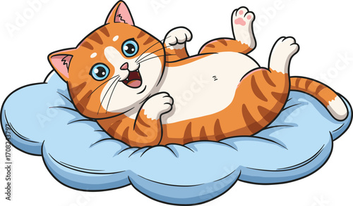 Cute orange tabby cat, lying on blue cushion, playful pose, joyful expression, adorable pet illustration, children’s design concept, CAD drawing flat vector illustration