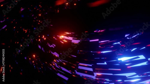This stock motion graphic shows an abstract shape spinning against a neon beam background.