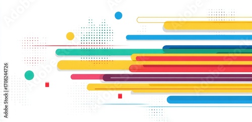 Abstract colorful design with overlapping horizontal lines and circles, set against a white background with halftone dots