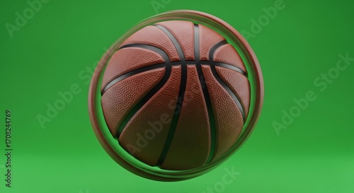 A basketball, brown leather, with dark lines, floats in mid-air, encircled by a translucent ring, against a vibrant green background.