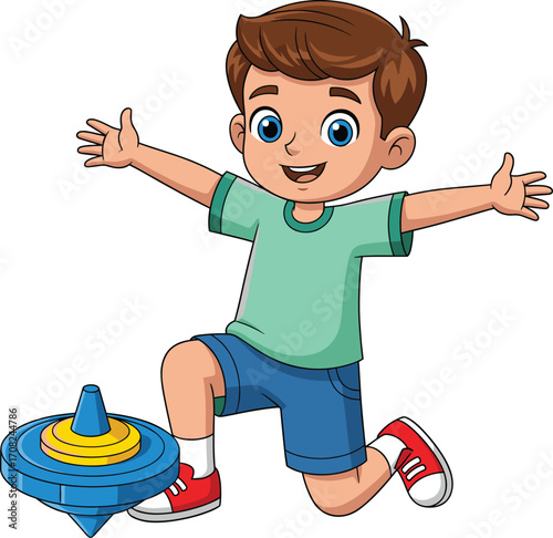 Cartoon boy jumping with arms wide, colorful spinning top toy on ground, playful childhood activity scene, joyful expression, CAD drawing flat vector illustration