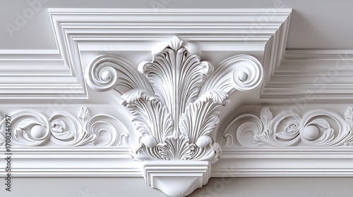 Ornate plaster ceiling baroque swirls and crown molding detail.