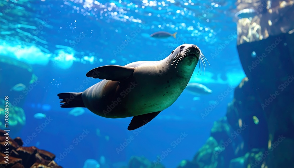 Obraz premium Seal swims gracefully in clear blue water, surrounded by fish and rock formations