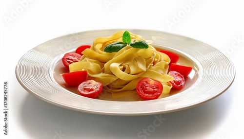 plate of tagliatelle ail tomates cerises on white background
