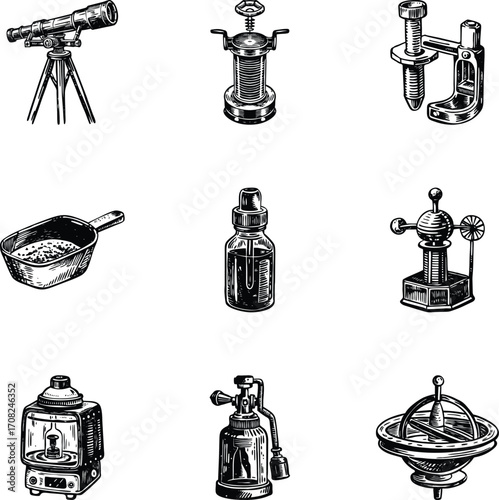 Set of Laboratory Instrument Vintage Style Illustrations