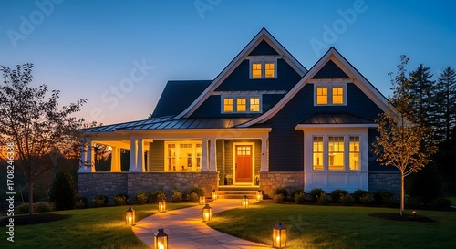 A charming, two-story home with a captivating exterior, showcasing a dark teal facade and warm, inviting interior light.