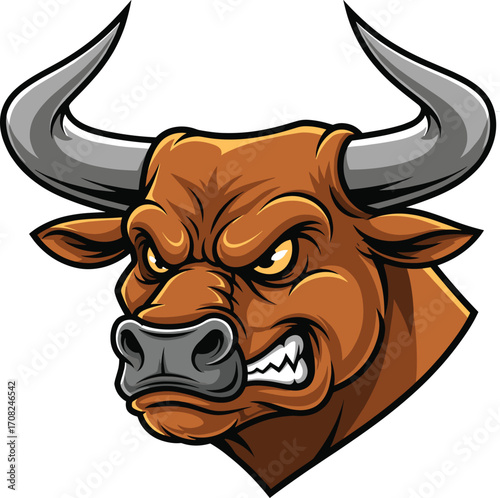 Cartoon bull head, fierce expression, large curved horns, aggressive mascot design, strength and power symbol, sports logo concept, CAD drawing flat vector illustration