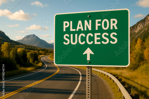 Green road sign PLAN FOR SUCCESS with arrow on a winding road in a mountainous landscape with autumn trees