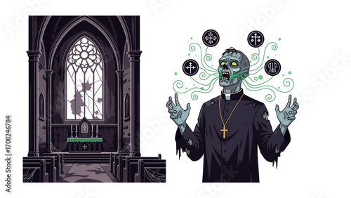 Spooky Church Illustration with Zombie Priest: An artistic illustration showcasing a haunting church interior juxtaposed with a zombie priest, complete with eerie, otherworldly elements.