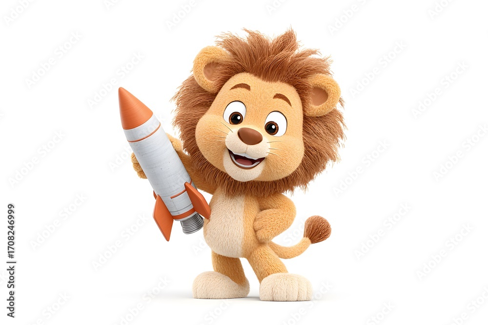 Obraz premium A cheerful lion cub building a small rocket model for school science fair, 3d animation, isolated on a white background