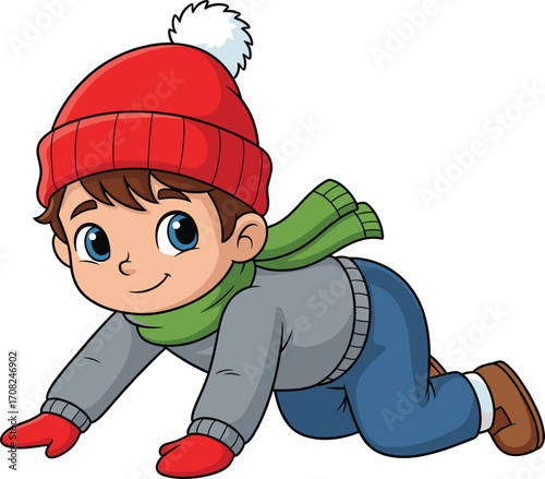 Cartoon child in winter clothes, crawling on ground, red beanie, green scarf, playful pose, seasonal illustration, CAD drawing flat vector illustration