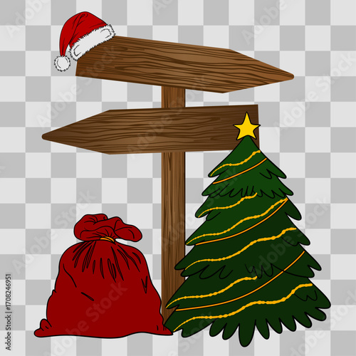 Wooden Christmas signpost with arrows decorated in festive style. Holiday illustration with seasonal ornaments, ribbons, and winter decorations. Christmas scene