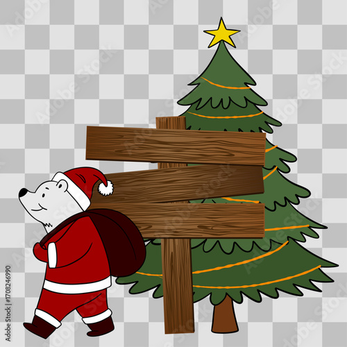 Wooden Christmas signpost with arrows decorated in festive style. Holiday illustration with seasonal ornaments, ribbons, and winter decorations. Christmas scene