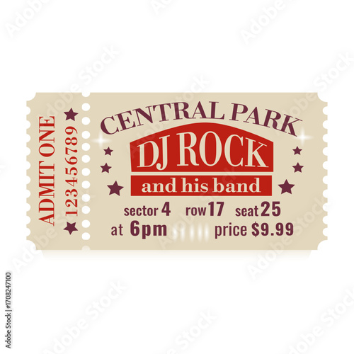Ticket design template, admit one, retro style, vector illustration. Tickets for a show, concert, festival, events, cinema, movie, film, and others. 