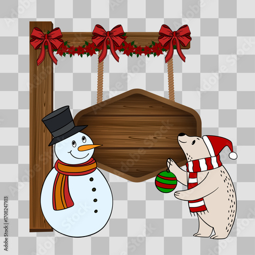 Wooden Christmas signpost with arrows decorated in festive style. Holiday illustration with seasonal ornaments, ribbons, and winter decorations. Christmas scene