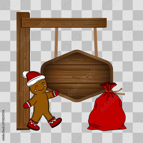 Wooden Christmas signpost with arrows decorated in festive style. Holiday illustration with seasonal ornaments, ribbons, and winter decorations. Christmas scene