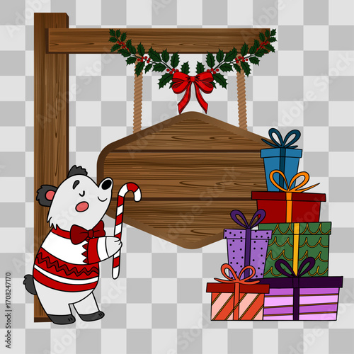 Wooden Christmas signpost with arrows decorated in festive style. Holiday illustration with seasonal ornaments, ribbons, and winter decorations. Christmas scene
