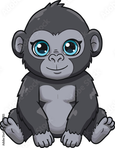 Adorable baby gorilla sitting down, cute cartoon primate illustration, friendly wildlife animal character design, children’s educational artwork concept, CAD drawing flat vector illustration