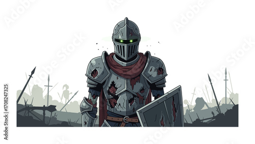 Knight in Battle: A lone, weathered knight stands resolute amidst the chaos of a battlefield, embodying valor and medieval fortitude amidst a somber, epic illustration. 