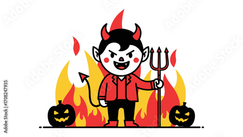 Charming Halloween Devil: A delightful cartoon devil stands confidently, pitchfork in hand, amid fiery flames, with festive pumpkins accentuating the scene.