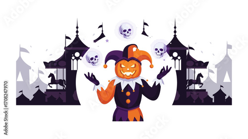 Jester's Halloween Fête: A jovial jester, adorned in festive attire, merrily juggles spectral skulls against a backdrop of playfully spooky carnival tents. It's a fun Halloween atmosphere.