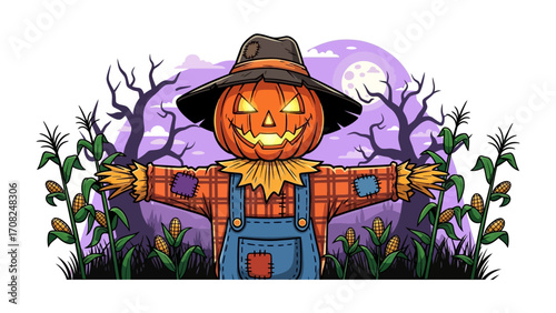 Whimsical scarecrow in cornfield: An intricately illustrated scarecrow in a cornfield under a full moon. A perfect addition for harvest festivals or autumn designs.