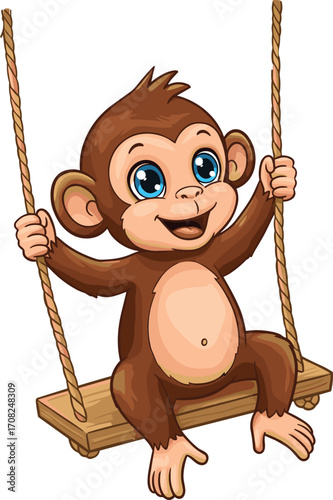 Cute baby monkey sitting on wooden swing, cheerful expression, playful children’s animal illustration, fun jungle wildlife concept, CAD drawing flat vector illustration
