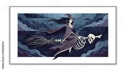 Mystical Night Flight: A bewitching sorceress soars across a stormy sky on a skeletal broomstick, a captivating illustration of eerie fantasy and enchantment.